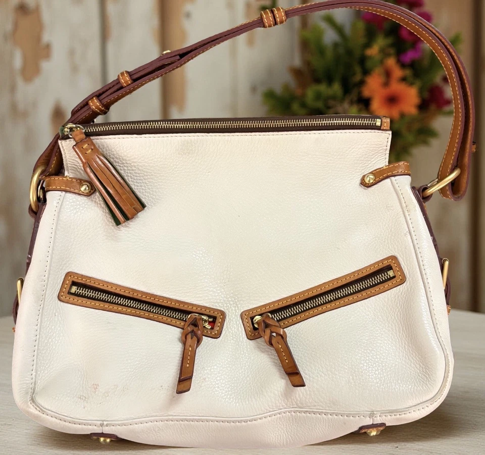 Dooney Bourke White Brown Pebbled & Florentine Leather Medium Zip Hobo Bag - Image 3 of 4