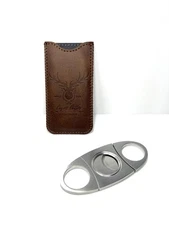 Stainless Steel Cigar Cutter With Leather Brown Deer Case .
