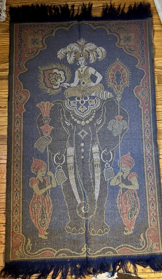 Vintage Very Unique 24” x 39” Tapestry Fancy Lady Being Fanned On Elephant - Image 4 of 4