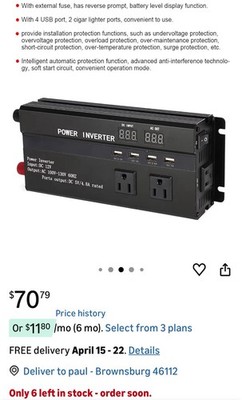 Power Inverter Car RV DC 12V to AC 110V 60Hz 3 AC Outlets 4 USB 4.8A Digital