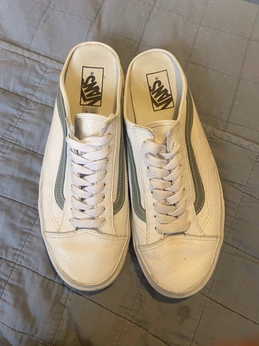 Vans Slides in pelle bianca con righe blu taglia 10