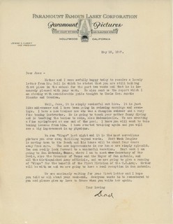 Jesse Lasky Sr. Film Pioneer Autographed 1927 Letter to Writer Son Jesse Jr.