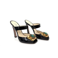 Prada Crown Jewel Crystal Sandals EU 38.5 Black Patent Leather NWOB