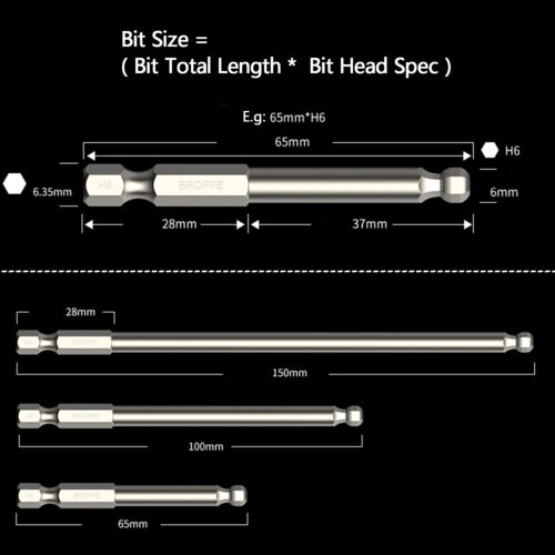 65/100/150mm Ball-End Hex Screwdriver Bit Set 1/4" Hex Shank H2.5 H3 H4 H5 H6 H8 - Picture 3 of 30