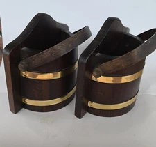 Wooden Half Whiskey Barrel Bookends Vintage Movable Handles Open Top MCM Country
