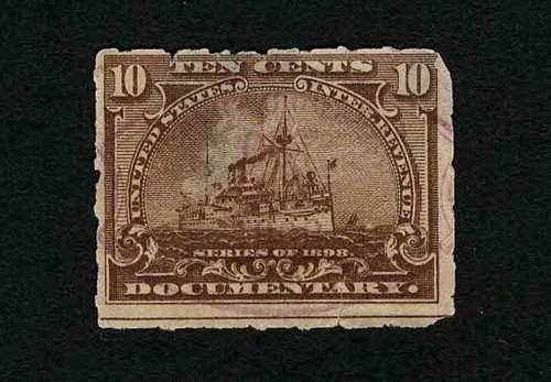 US Revenue 1898 R168 Battleship Documentary Tax Stamp 10c Thins Cut Cancel Used - Picture 1 of 2