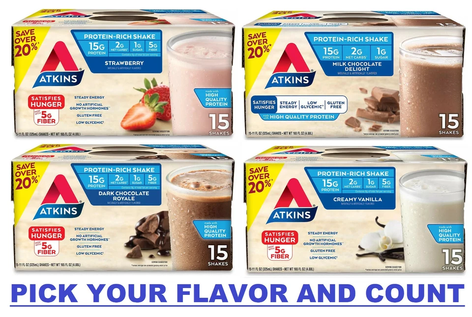 Batido Atkins, chocolate con leche, chocolate negro, vainilla, fresa 11 oz (15 ct.) Foto 3 de 4