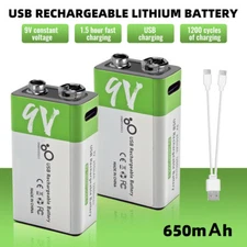 2X 9Volt Li-ion Batteries USB Type-C Rechargeable 9V 650mAh Lithium Ion Battery