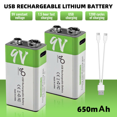 2X 9Volt Li-ion Batteries USB Type-C Rechargeable 9V 650mAh Lithium Ion Battery