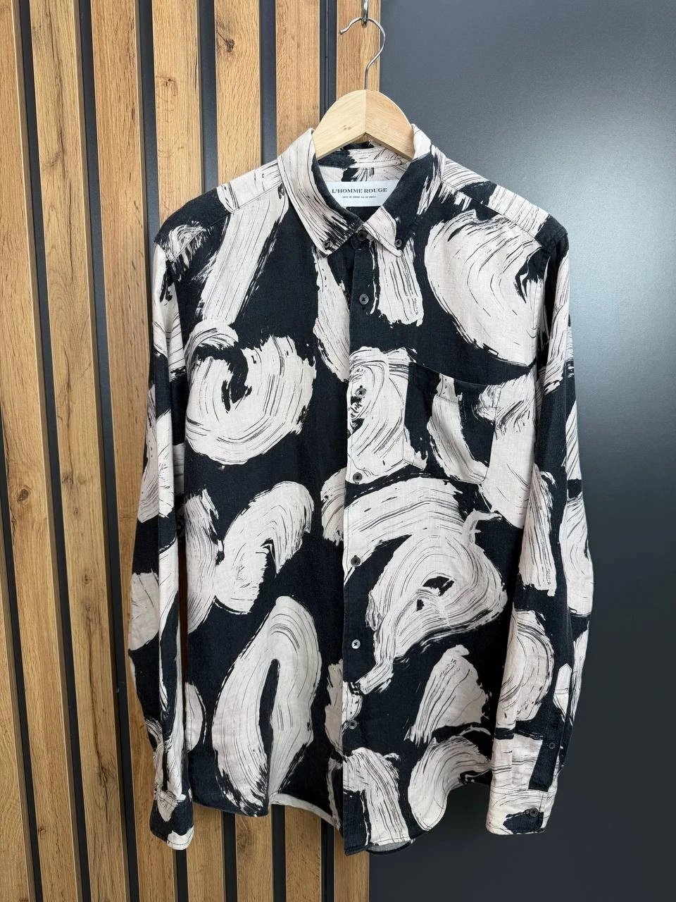 L’Homme Rouge Linen Shirt Abstract Print Black Beige Size L Duties Paid (USA)