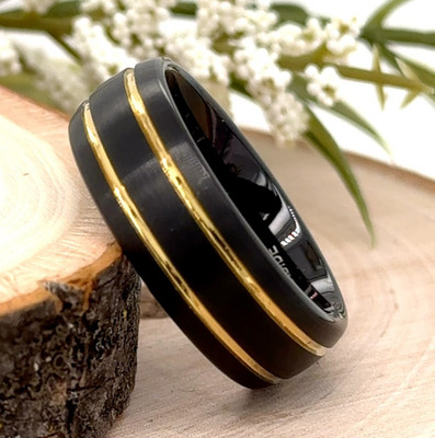 Polished Black Tungsten Engraved Ring 8MM Gold Dual Stripe Inlay Christmas Band