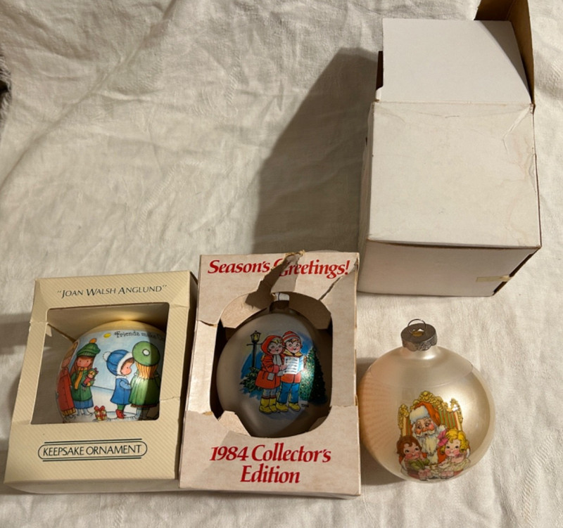 2 Campbell Kids Christmas Ornaments-from 1980s & 1 Hallmark Joan Walsh Anglund