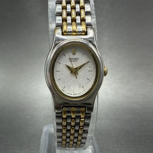 Seiko Watch Women 18mm White Dial Two Tone Oval V401-5228 New Battery Vintage AB