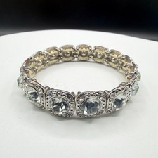 Clear Rhinestone Silver Tone Stretch Bracelet Square Link Statement Jewelry