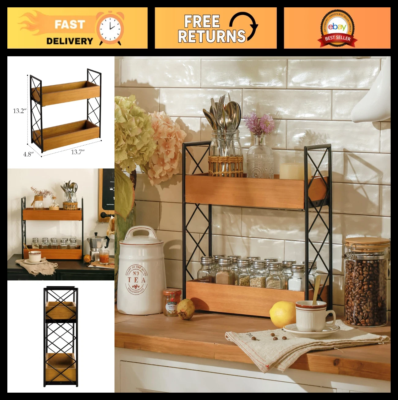 2-Tier Wooden Spice Rack Organizer for Kitchen Counter, Cabinet & Pantry - Holds