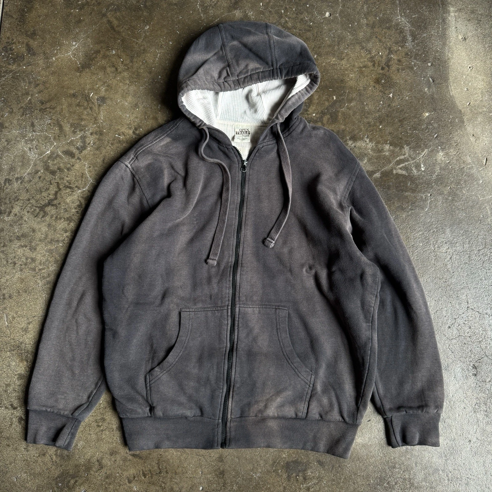 Vintage 90’s Thermal Lined Distressed Sun Faded Black Zip Up Hoodie Sz L