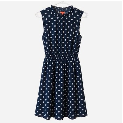 ModCloth Polka Dot Midi Dress Women's Medium Navy White Fit Flare Retro Pockets