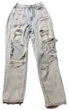 H M Mom Jeans Light Wash Ultra High Waist Distressed Ripped Size 2