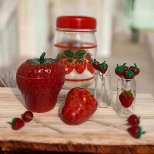 Vtg Lot of Strawberry Decor Canister Hors D'oeuvres Picks 4"Hazel Atlas Jam Jar