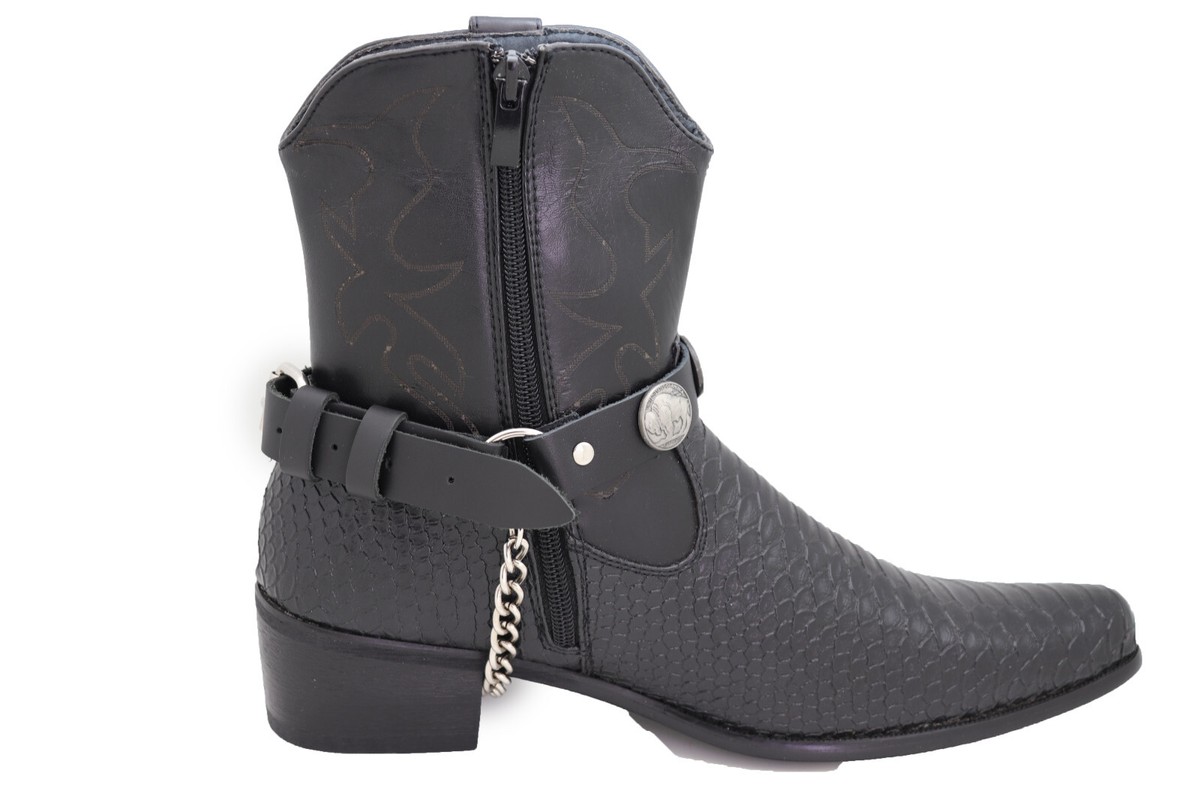 Vaquero Hombre Botas Pulsera Cadena de Plata Negro 2 Correas