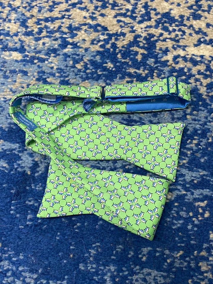 Pajarita de seda Southern Tide azul verde azul marino blanco pescado ajustable hecha a mano Italia Foto 2 de 4