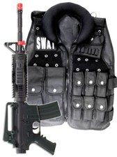 Police SWAT Vest Halloween Costume + Pistol Rifle Cop Adult Men size Airsoft