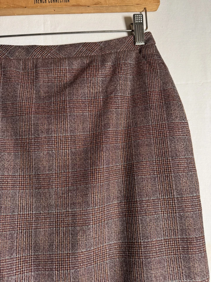 ESCADA Mujer Falda Lápiz Marrón Cuadros Lana Seda Talla 34 Forrado Pliegues Paquetes Foto 2 de 4