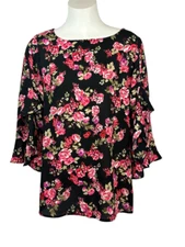 Counterparts Womens S Black With Pink Floral Flutter Sleeve Round Neck Blouse