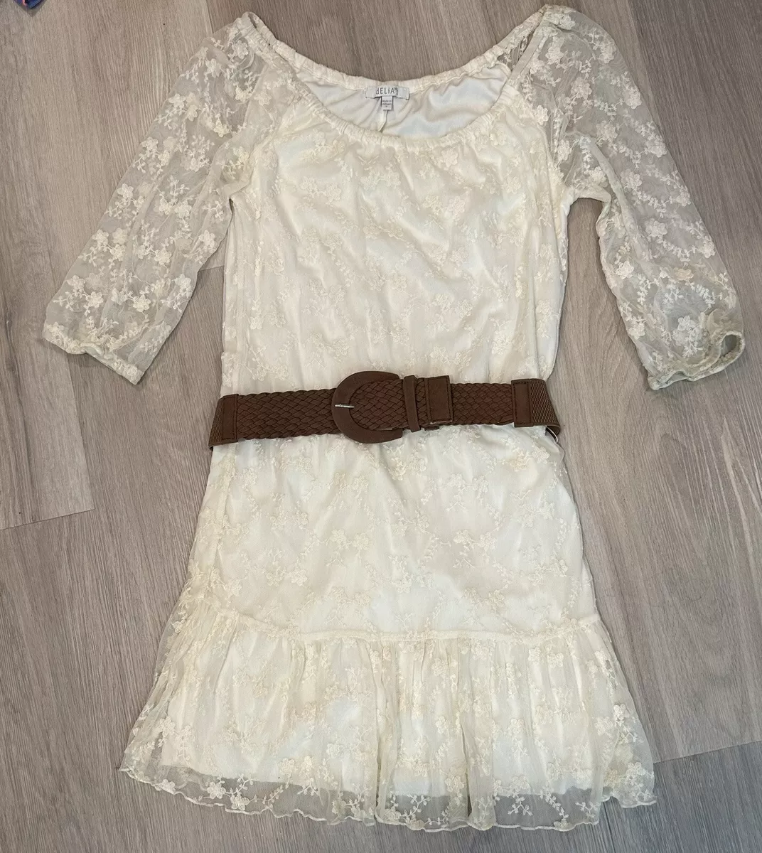 Delia s Lace Dress Womens Small Off White Ivory Belt Boho Ruffle
