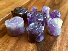 PAIR Amethyst Stone Flower Plugs Double Flare Carved Gauges Guages Amythest