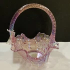 Fenton Basket Handle Pink Iridescent Art Glass Ruffle Edge Floral