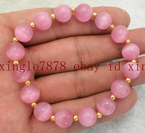 Natural 10mm Pink Opal Cat Eye Round Gemstone Beads Stretch Bracelet 7.5'' AAA - Picture 3 of 12
