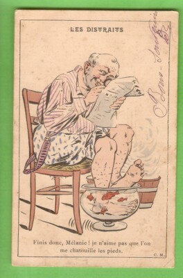 ''ILLUSTRATOR'' cpa Postkarte HUMOR Zeichnung alte Füße Glas Fische