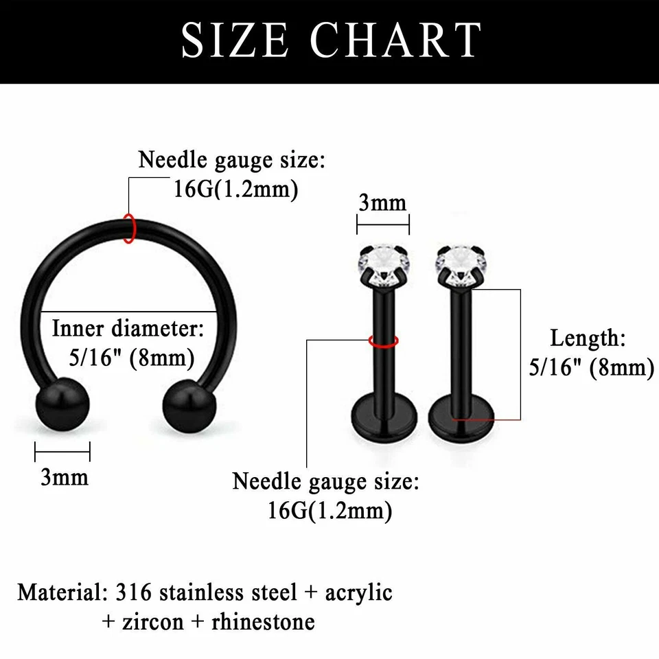 36PC 16g Lip Rings Stainless Steel Horseshoe Labret Monroe Tragus Helix Earrings - Image 2 of 4