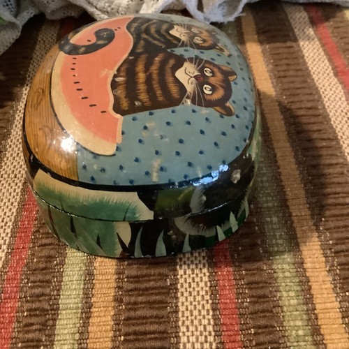Black blue paper mache novelty cat watermelon vintage trinket jewelry box India - Picture 3 of 7