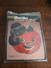 Vintage Bucilla Plastic Canvas Kit Halloween JOL Pumpkin Black Cat Wall Hanging