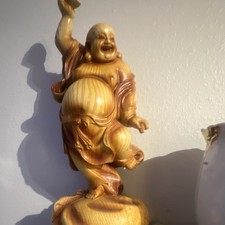 Wooden Laughing Buddha Statue Brown/Gold Buddhist Figure