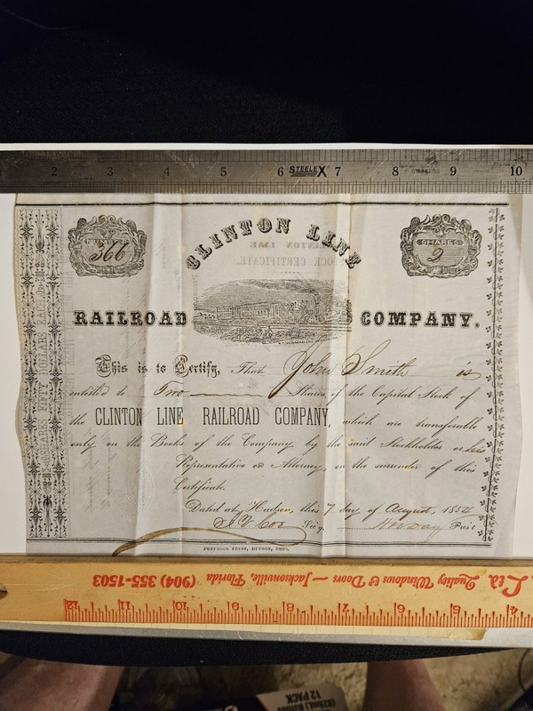 1852 Clinton Line Railroad Company Stock Certificate 2 Shares Uncanceled