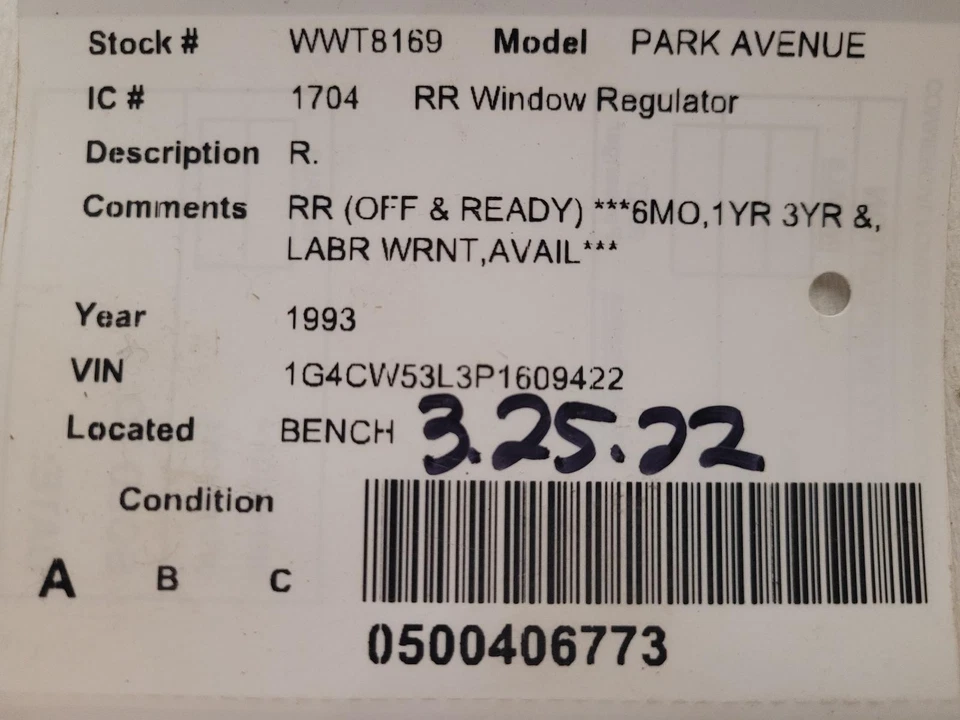 Used Rear Right Door Window Regulator Rear fits: 1993 Buick Park avenue Rear Rig - Image 3 of 4