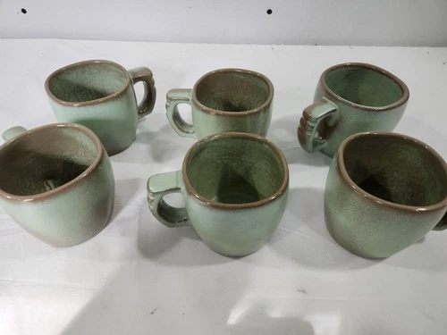 Vintage Frankoma Pottery 5C Mug Flat Cup Plainsman Prairie Green Set of 6
