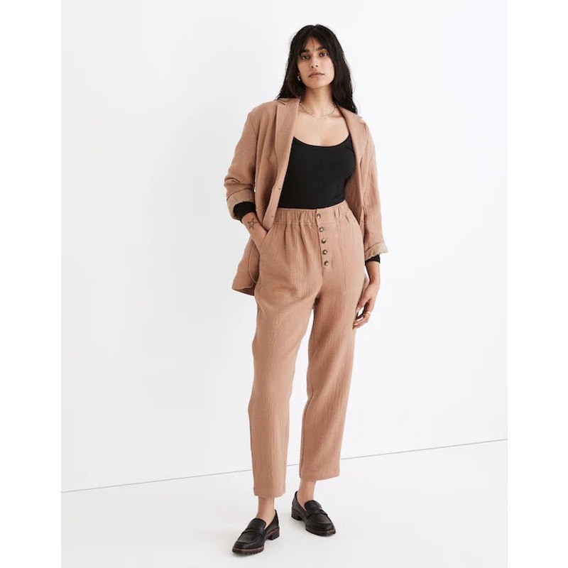 Madewell Cotton-Linen Pull-On High-Rise Tapered Pants Button Front Medium