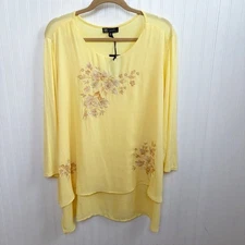 Diane Gilman Primary Yellow Floral Embroidered Layered Look Blouse Plus Size 2X