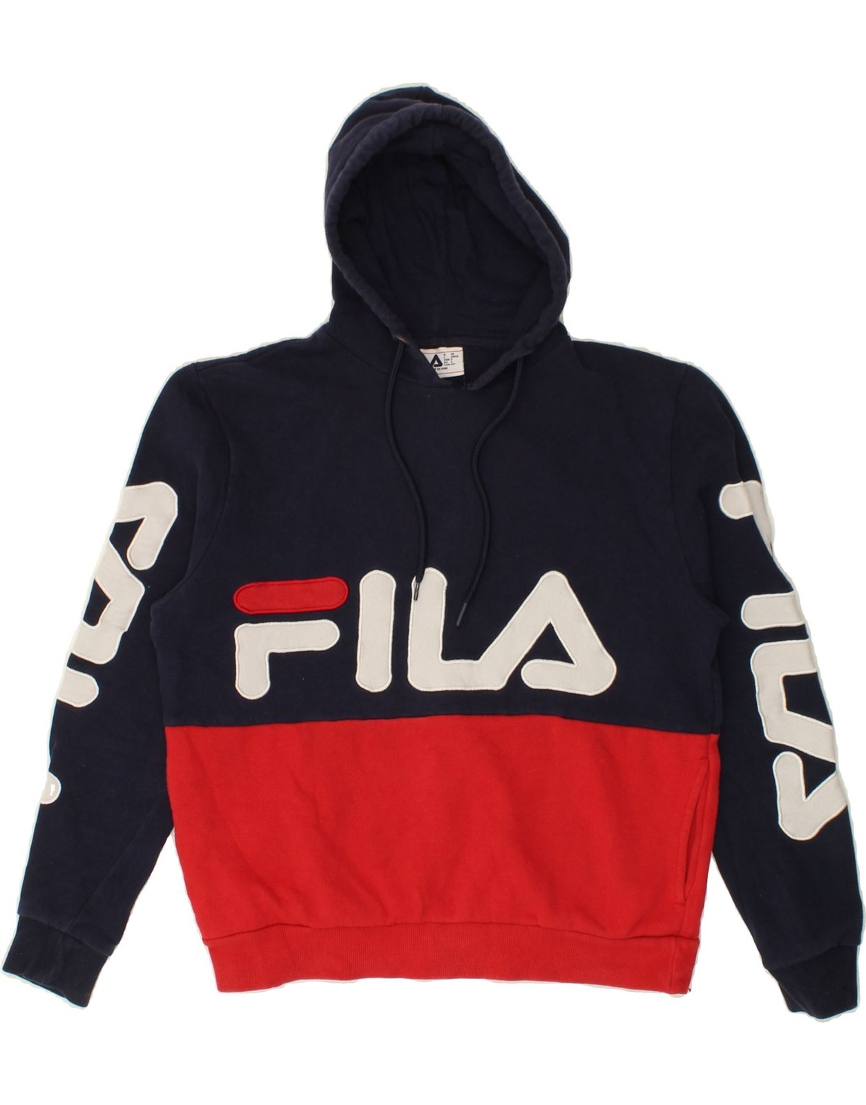 FILA maglione donna grafico con cappuccio UK 10 piccolo blu navy colorblock cotone SL07