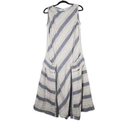 Drozdzik Dress 4 White Blue Striped Sleeveless Trapeze Swing Midi Coastal Pocket
