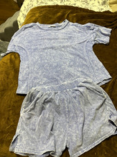 Zenana Womens 2-Piece Terry Cotton Outfit Set T-Shirt Shorts Blue med
