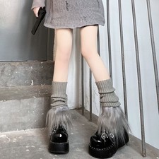 Women Long Slouch Socks Knitted Leg Warmers Fur Trim Japanese Leggings Loose