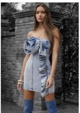 Forever 21 Light Blue Denim Mini Dress Strapless Ruffle Bow Zip Size S