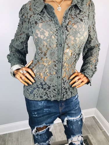 Camicia lunga Cable & Gauge M Top verde oliva full pizzo shell bottoni Slvs gemme - Foto 3 di 11