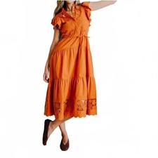 Love The Label Romy Dress Cinnamon Burnt Orange Cotton Eyelet Midi Dress Small