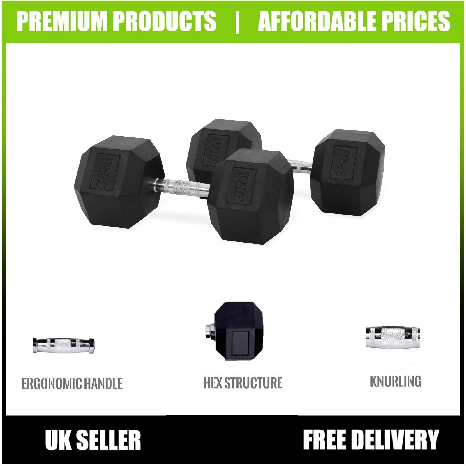 Hex Dumbbells Set 37.5 kg Pair Ergo Hand Weight Rubber Encased Hexagonal Gym B58